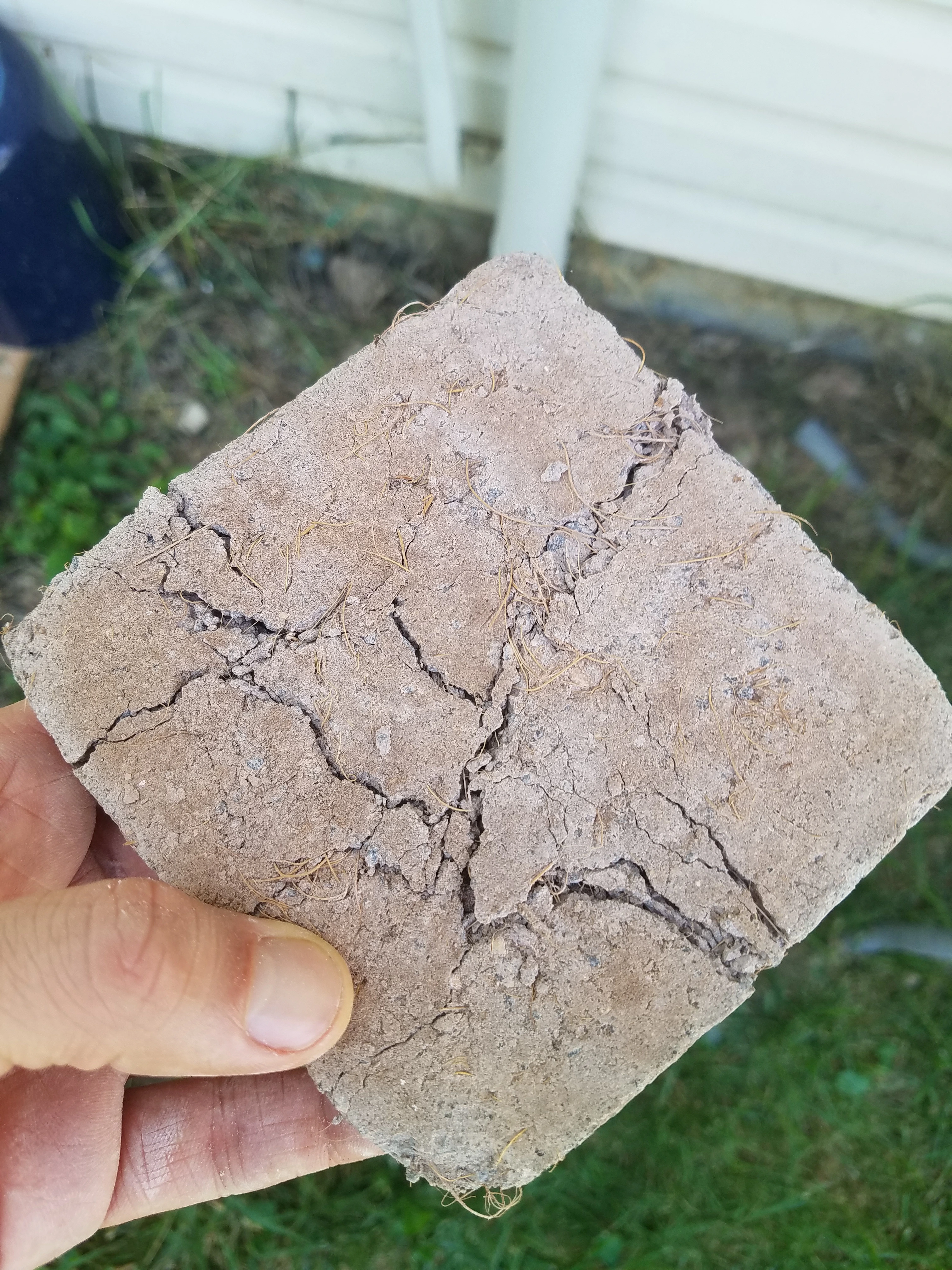 Cracked coconut brick sample showing fibers holding broken sections together.