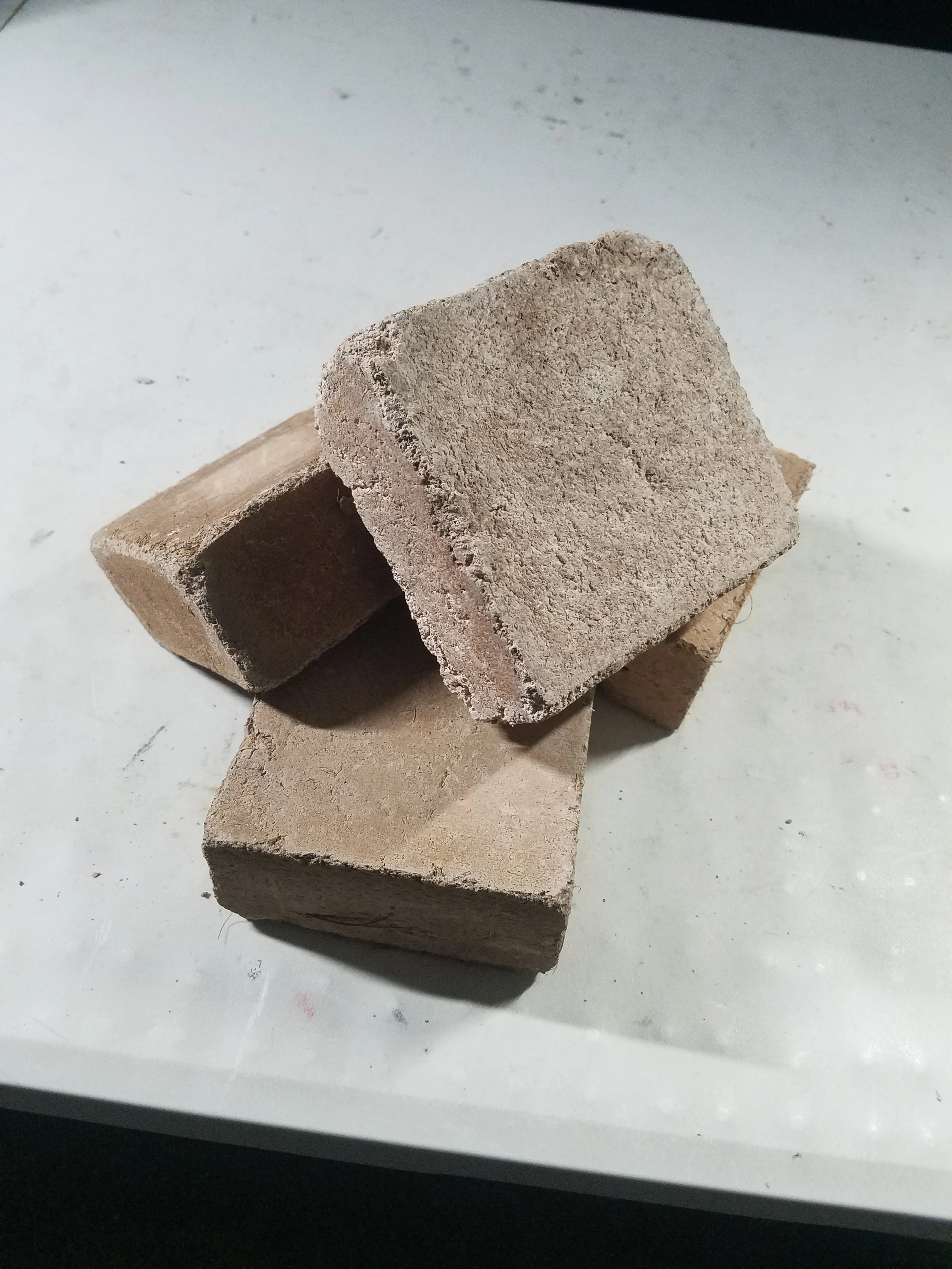 Multiple coconut brick prototypes arranged for review.